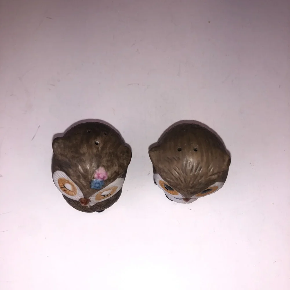 OWLS Salt & Pepper Shaker‎ S&P Cute Brown Couple Kitsch Ceramic VINTAGE